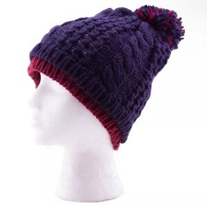 Cozy Knit Beanie with Pom Pom - Purple and Red